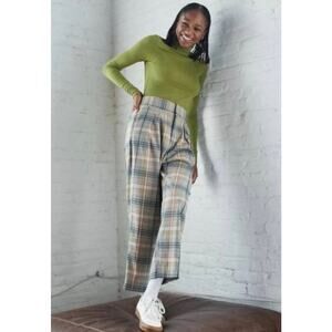 Urban Outfitters Paige Plaid Pleated Pants Small High Rise Cropped Yellow Blue